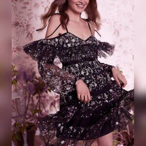 Needle & Thread Supernova Black Off-Shoulder Ruffle Embellished Tulle Mini Dress